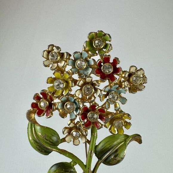 Vintage Figural Enameled Rhinestone Flower Bouquet Brooch Pin Floral - Picture 2 of 7
